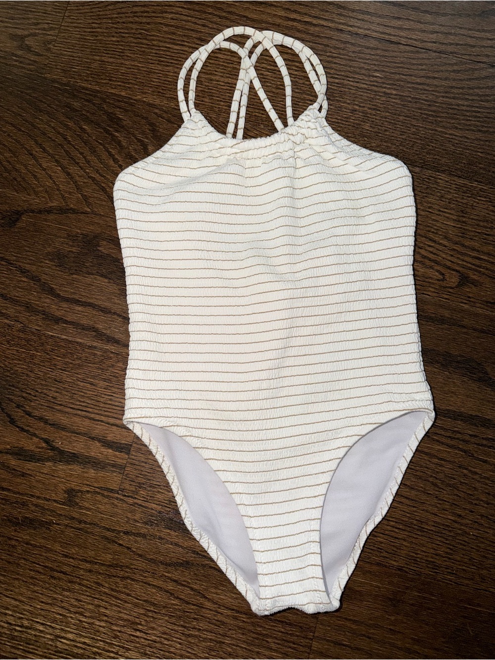 Girls Zara white One-Piece Swimsuit with Thin gold Stripes Size 9/10